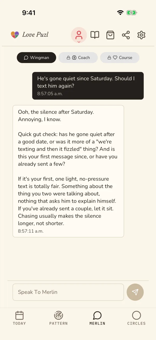 A real Merlin chat in the app: asked whether to text again after he went quiet, Merlin asks how the date went and says one light text is fair, but chasing makes the silence longer