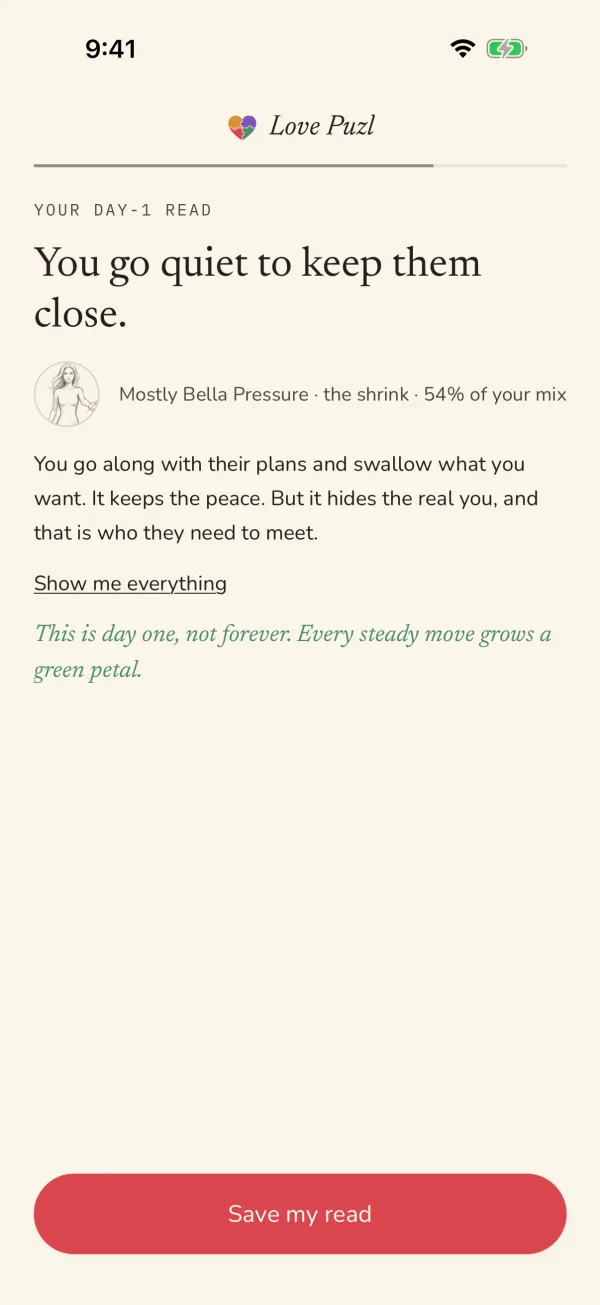 The Day-1 read in the app: You go quiet to keep them close, with the why opened